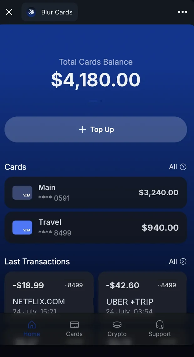 Blur app home screen with the total card balance